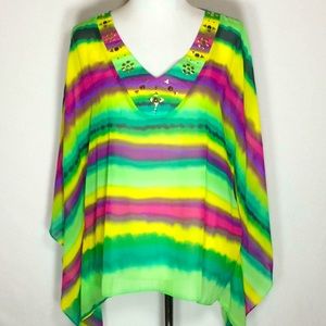 Bright Color Semi-Sheer Top w/Embellished Neckline